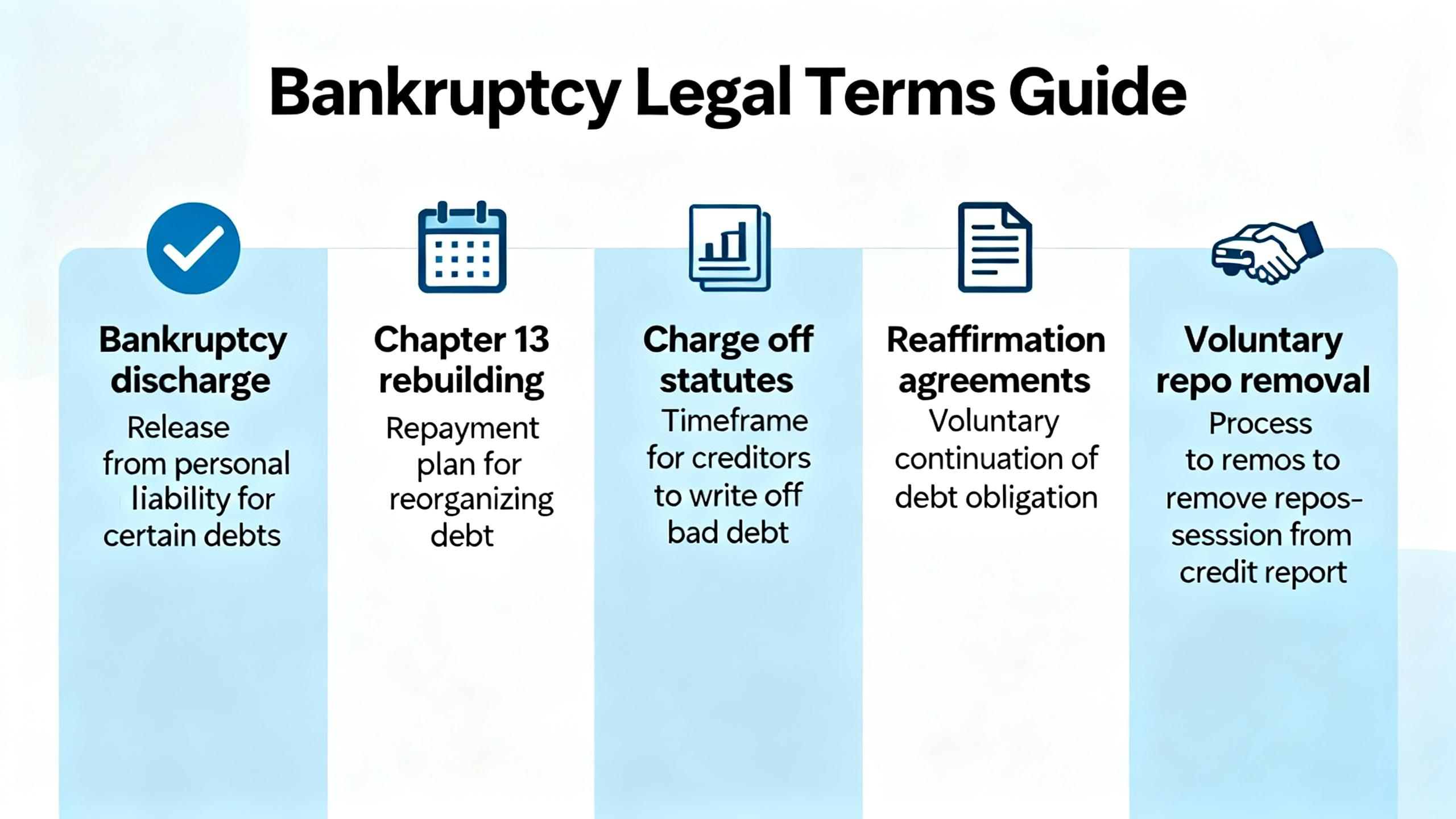 Comprehensive Guide to Bankruptcy Discharge, Chapter 13 Rebuilding, Charge – off Statutes, Reaffirmation Agreements, and Voluntary Repo Removal