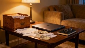 YTD Interest APY Bank scene at a oak desk