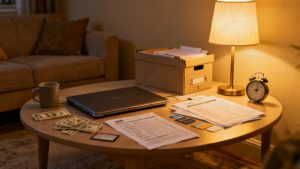 Household kitchen table with RMD calendar folder
