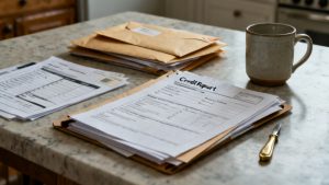 Household accordion-file lid with fraud-alert paperwork
