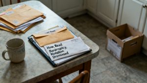 bankruptcy-notation page on a mail tray