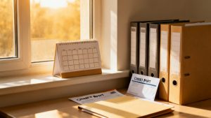 Quiet side table for dispute calendar folder
